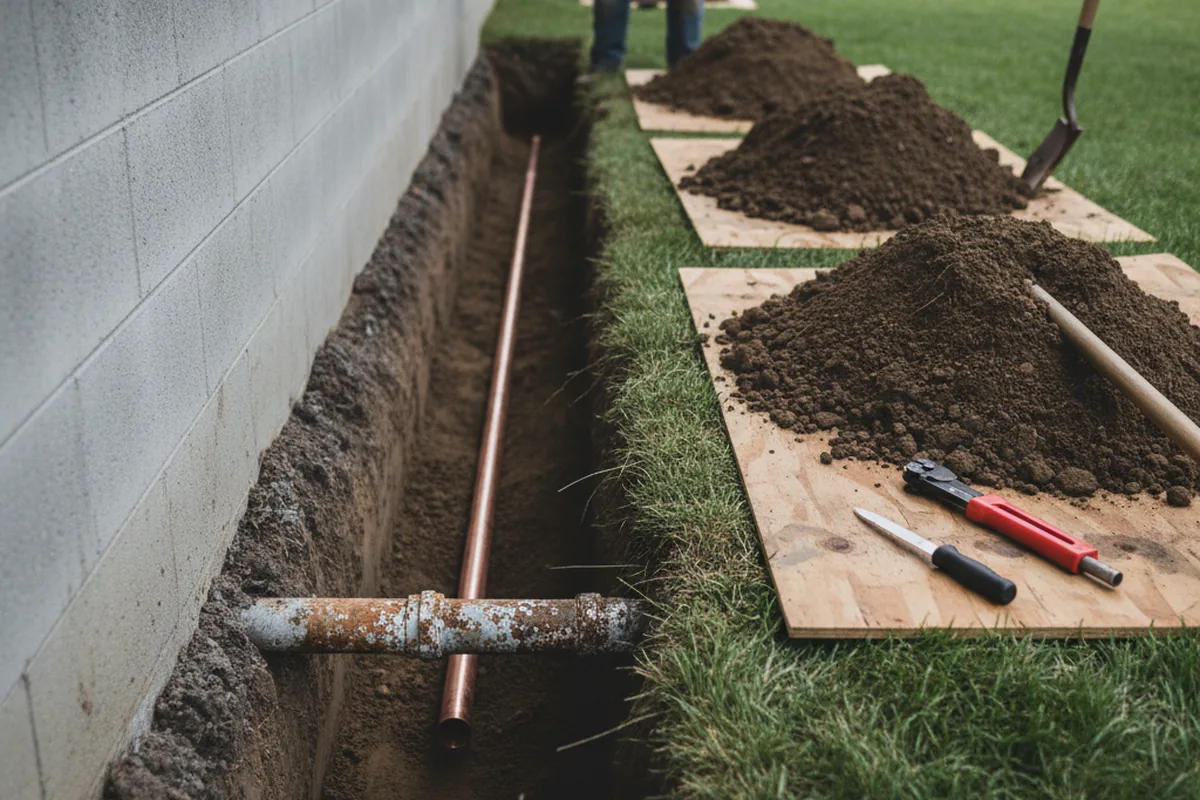 Excavated water line trench during Water Softener Installation in Pinon Hills